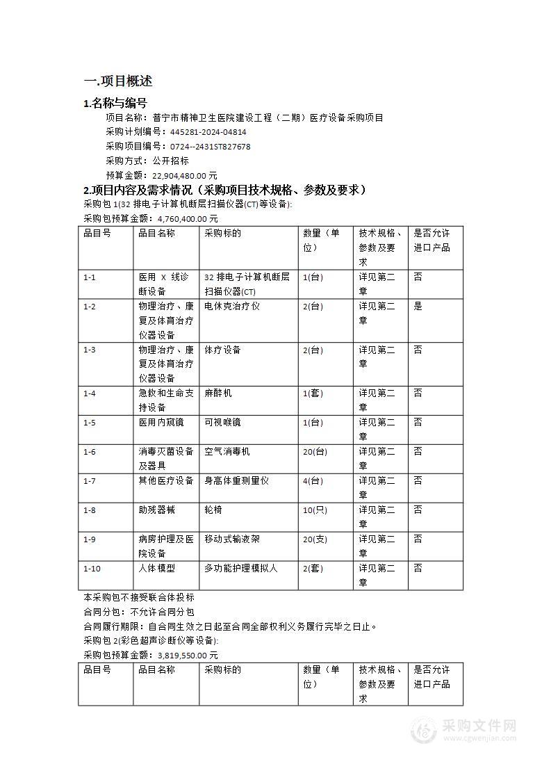 普宁市精神卫生医院建设工程（二期）医疗设备采购项目