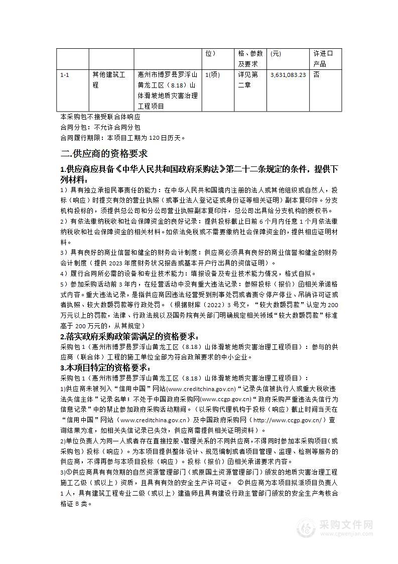 惠州市博罗县罗浮山黄龙工区（8.18）山体滑坡地质灾害治理工程项目