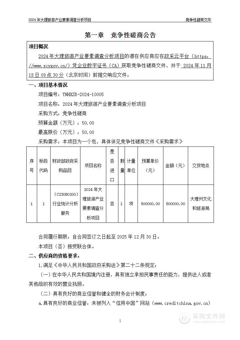 2024年大理旅游产业要素调查分析项目