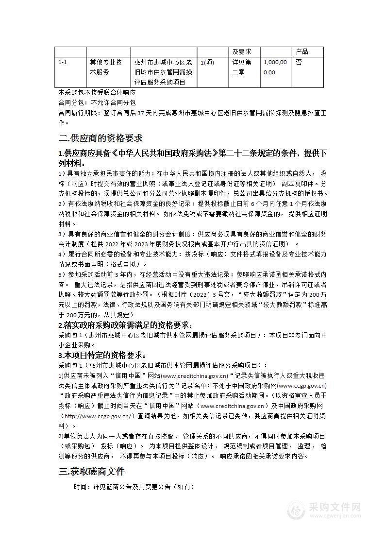 惠州市惠城中心区老旧城市供水管网漏损评估服务采购项目