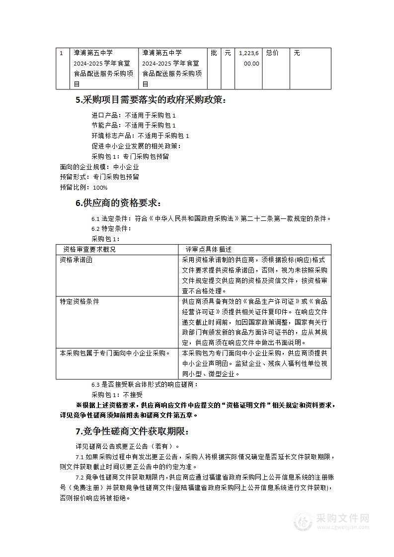 漳浦第五中学2024-2025学年食堂食品配送服务采购项目