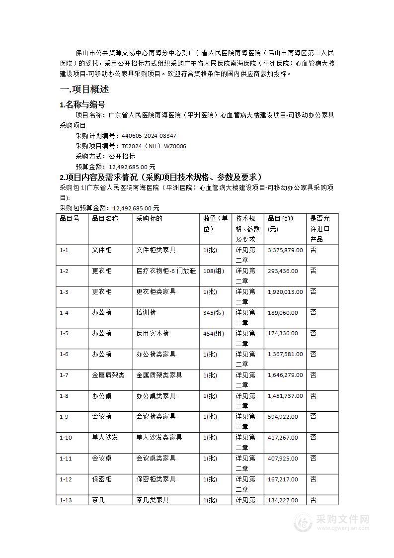 广东省人民医院南海医院（平洲医院）心血管病大楼建设项目-可移动办公家具采购项目