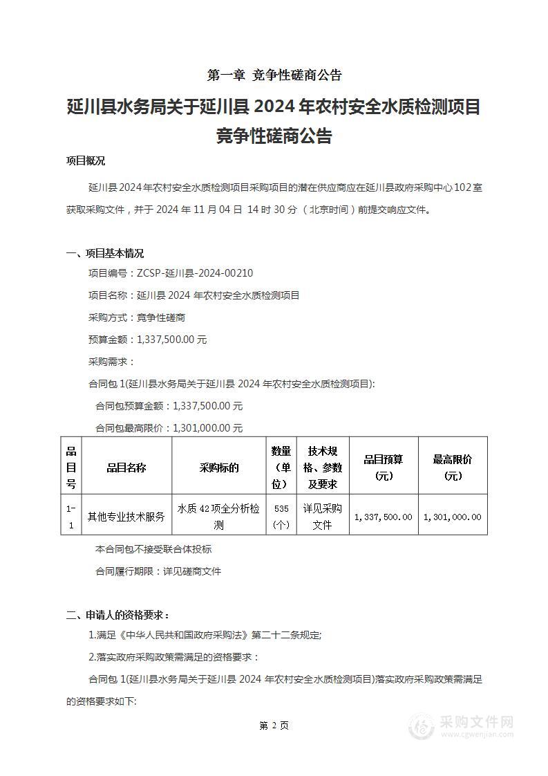 延川县2024年农村安全水质检测项目