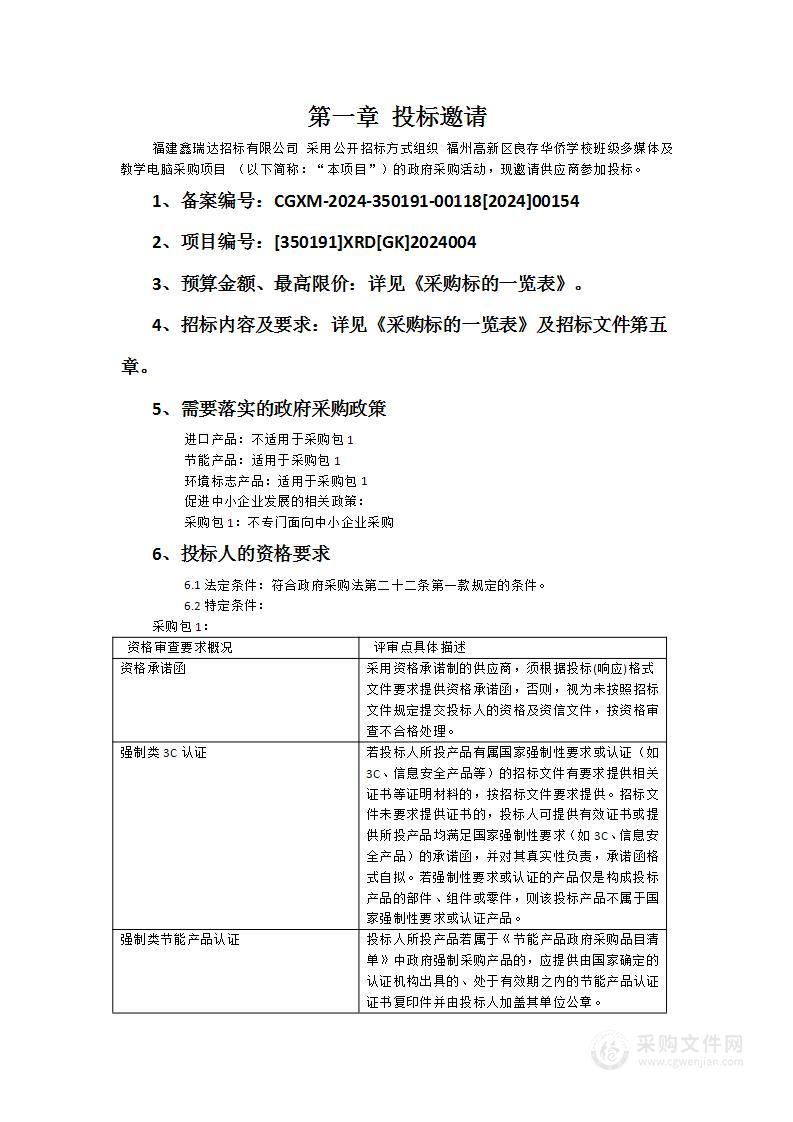 福州高新区良存华侨学校班级多媒体及教学电脑采购项目