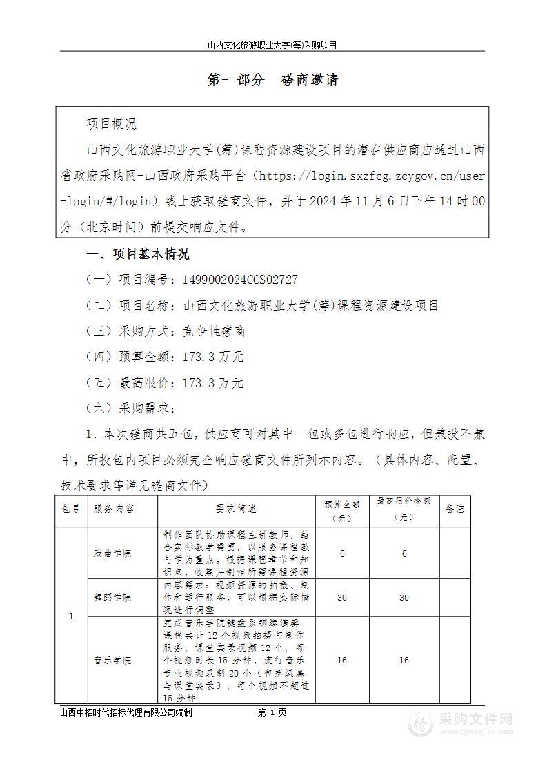 山西文化旅游职业大学(筹)课程资源建设项目