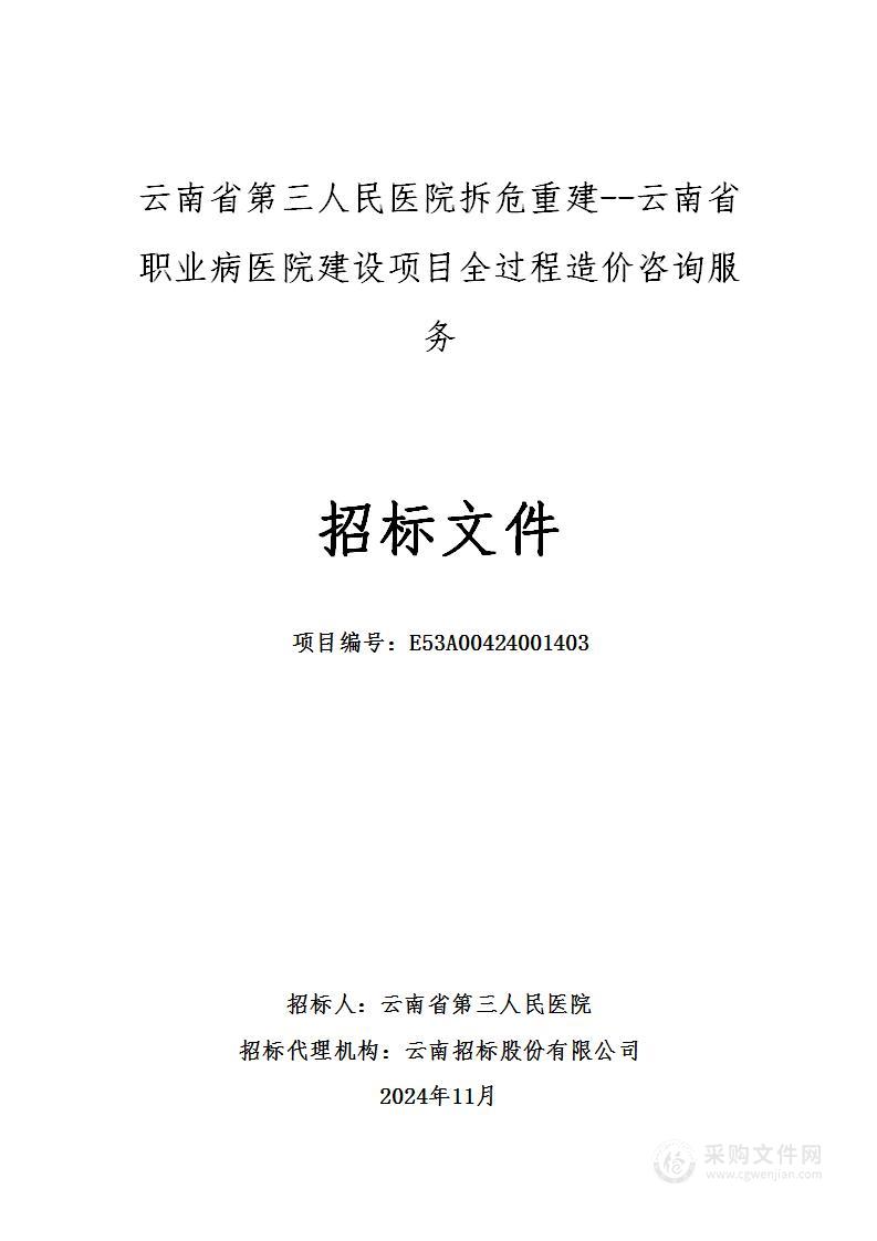 云南省第三人民医院拆危重建--云南省职业病医院建设项目全过程造价咨询服务