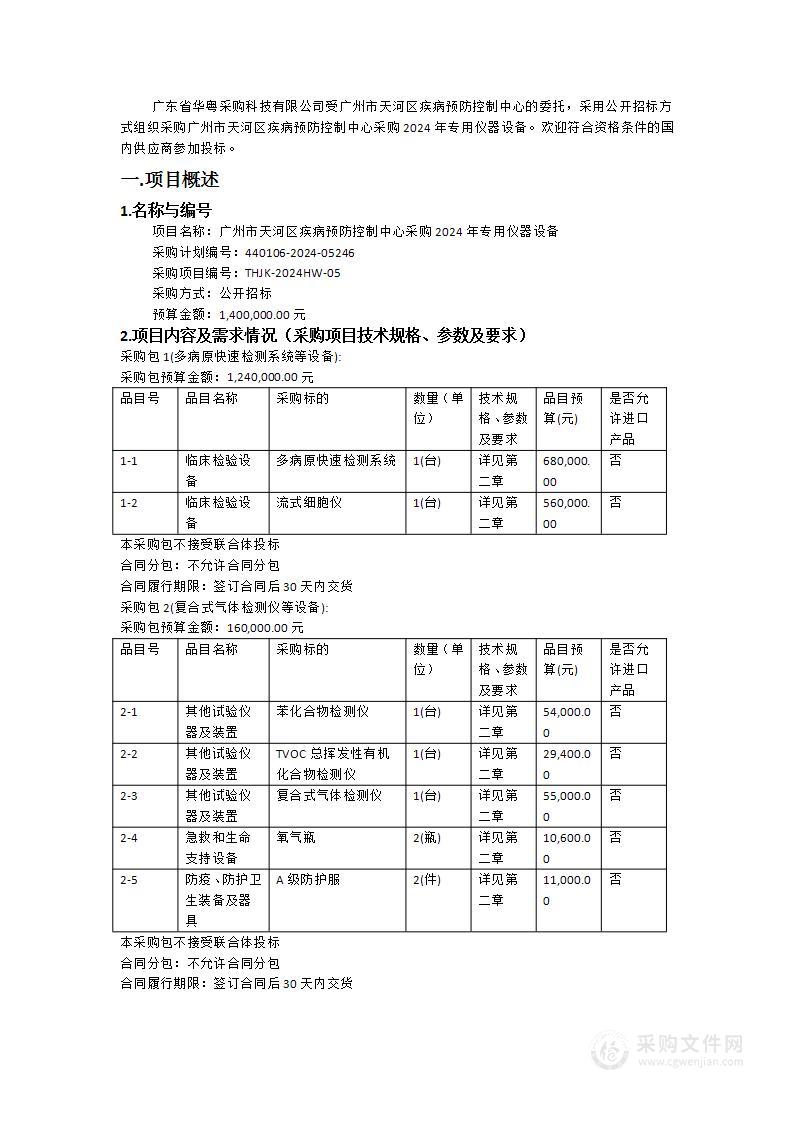 广州市天河区疾病预防控制中心采购2024年专用仪器设备