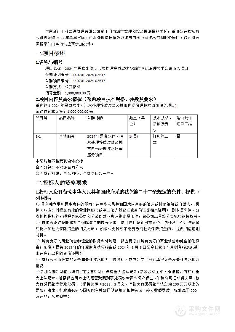 2024年黑臭水体、污水处理提质增效及城市内涝治理技术咨询服务项目