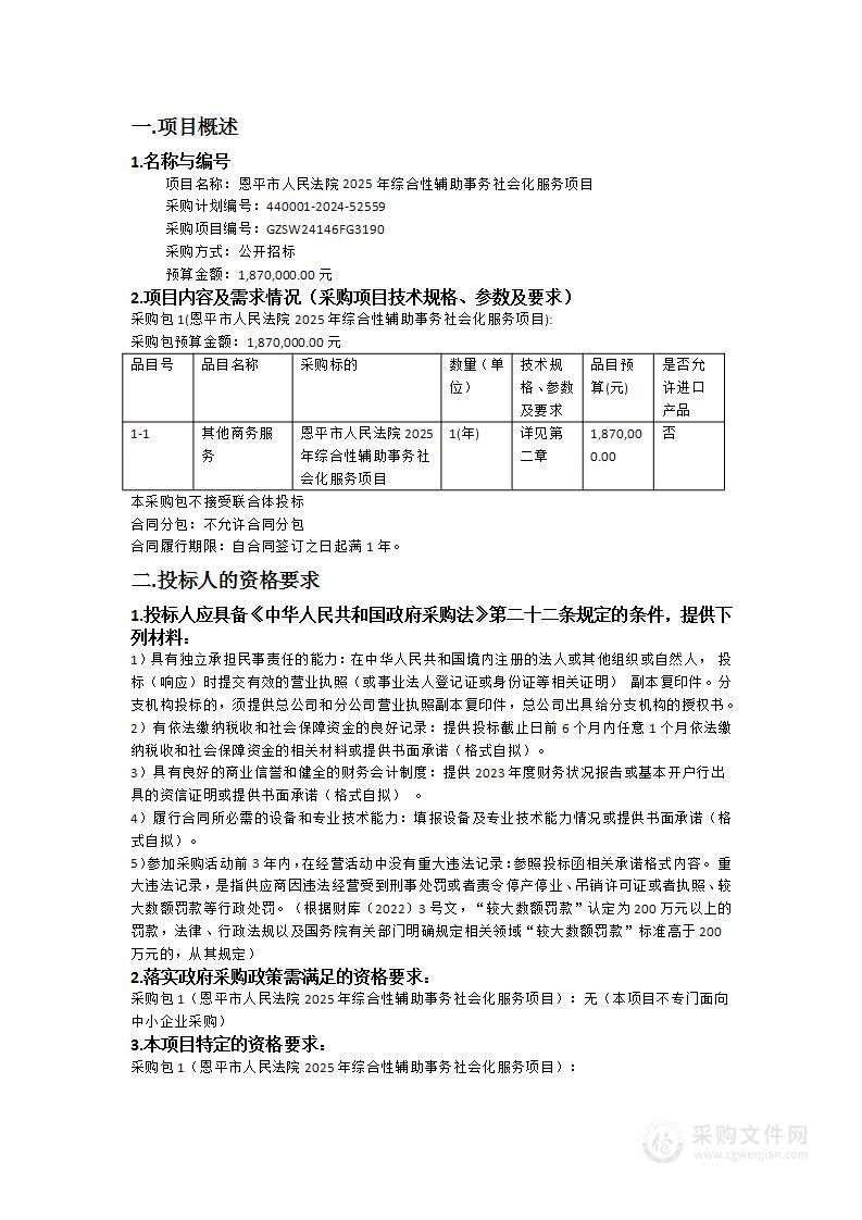 恩平市人民法院2025年综合性辅助事务社会化服务项目