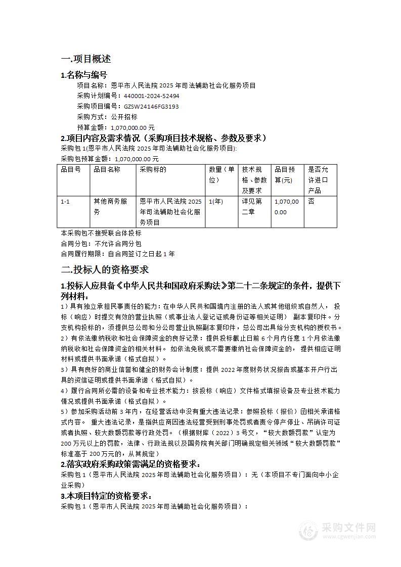 恩平市人民法院2025年司法辅助社会化服务项目