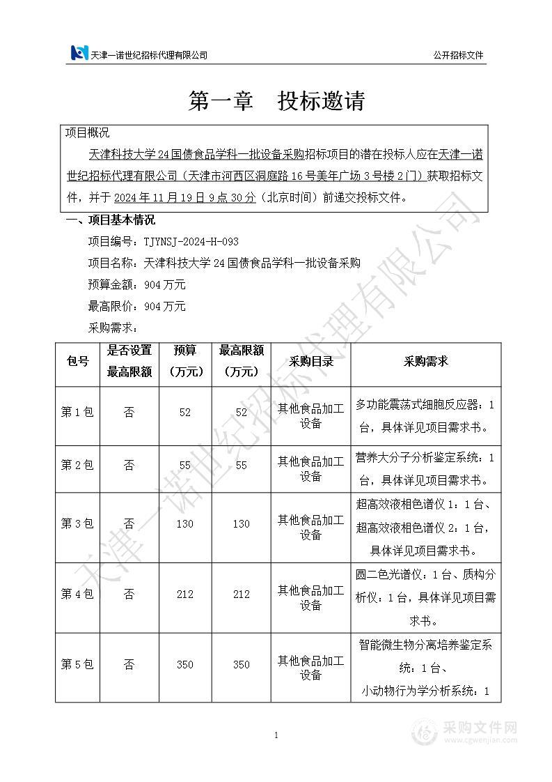 天津科技大学24国债食品学科一批设备采购