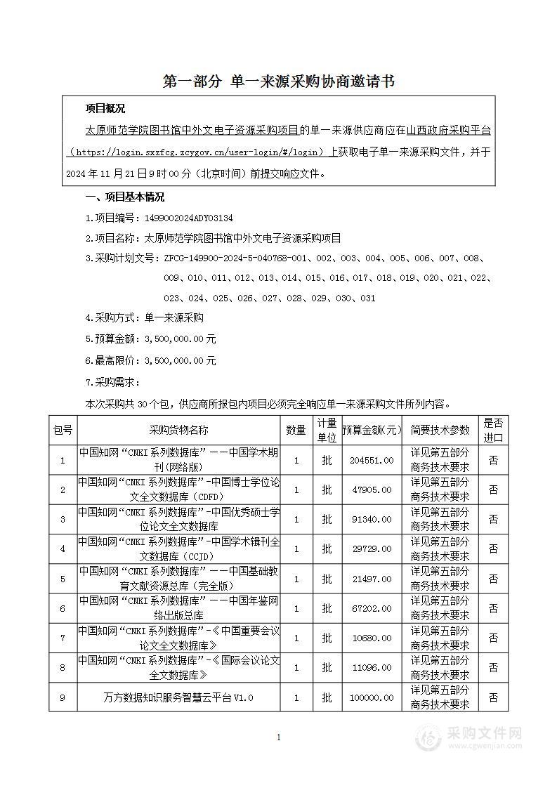 太原师范学院图书馆中外文电子资源采购项目