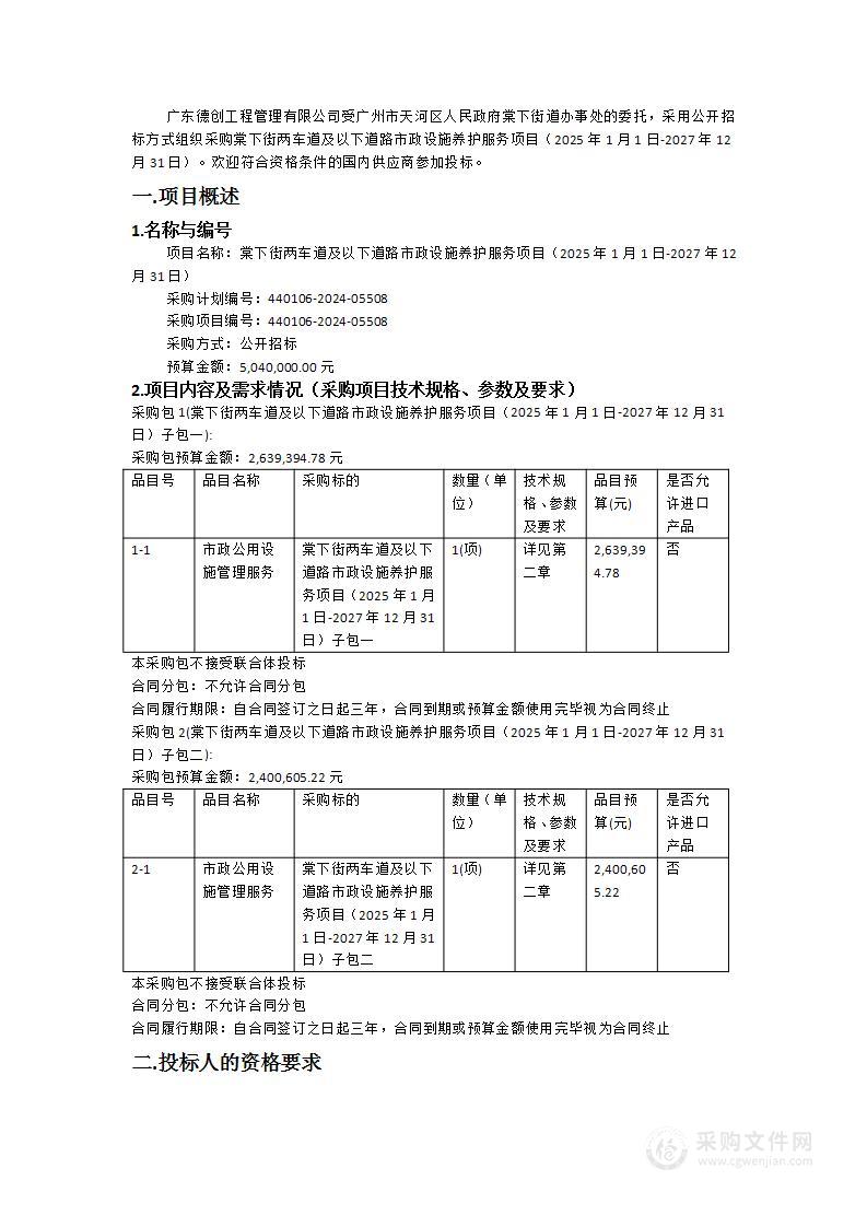 棠下街两车道及以下道路市政设施养护服务项目（2025年1月1日-2027年12月31日）