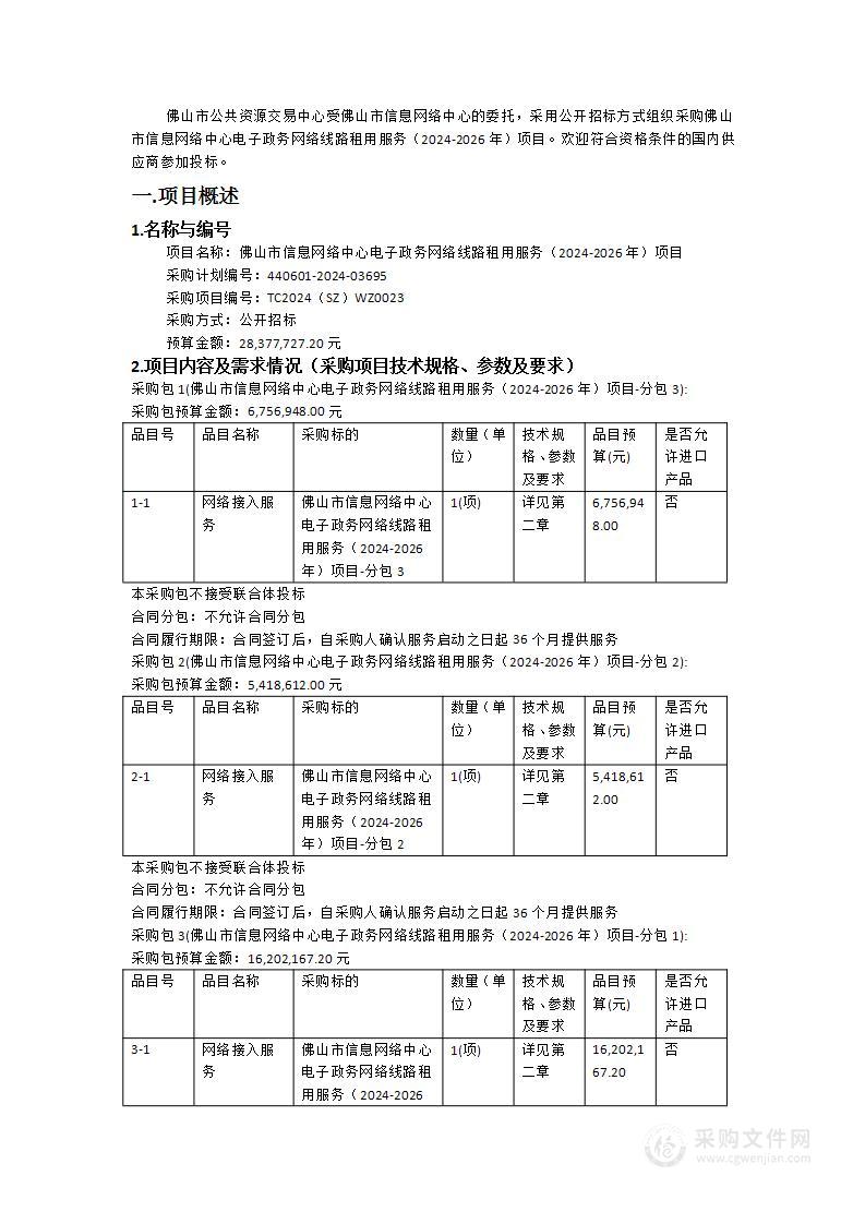 佛山市信息网络中心电子政务网络线路租用服务（2024-2026年）项目