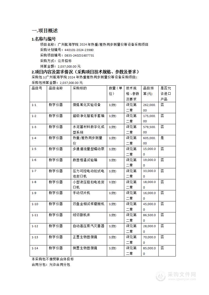 广州航海学院2024年热重/差热同步测量仪等设备采购项目