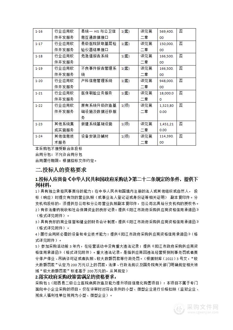 阳西县二级公立医院病房改造及能力提升项目信息化购置项目