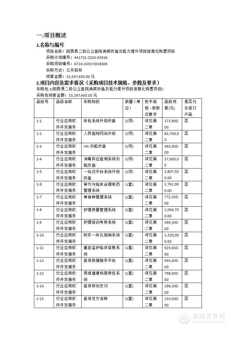 阳西县二级公立医院病房改造及能力提升项目信息化购置项目