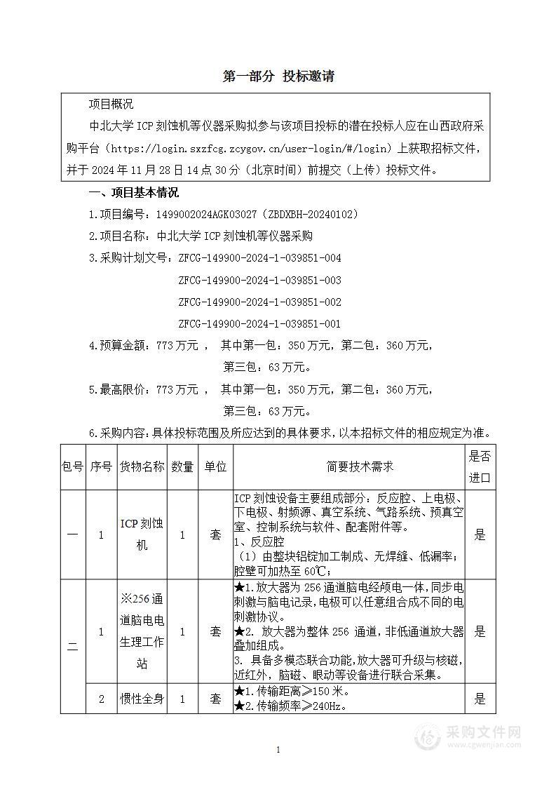 中北大学ICP刻蚀机等仪器采购