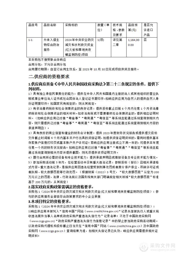 2024年中央农业防灾减灾和水利救灾资金(红火蚁和草地贪夜蛾监测防控)项目