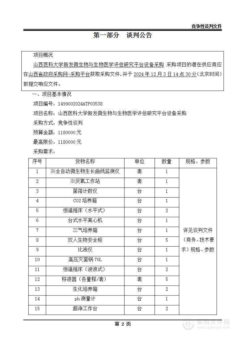 山西医科大学新发微生物与生物医学评估研究平台设备采购