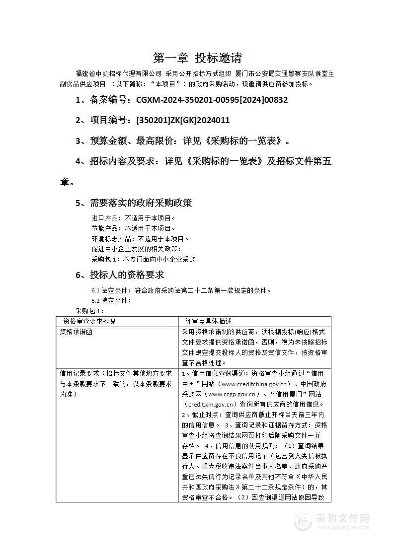 厦门市公安局交通警察支队食堂主副食品供应项目