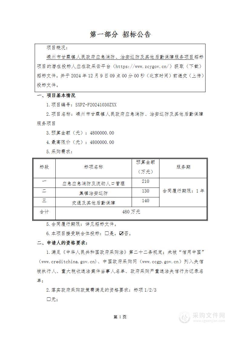 嵊州市甘霖镇人民政府应急消防、治安巡防及其他后勤保障服务项目