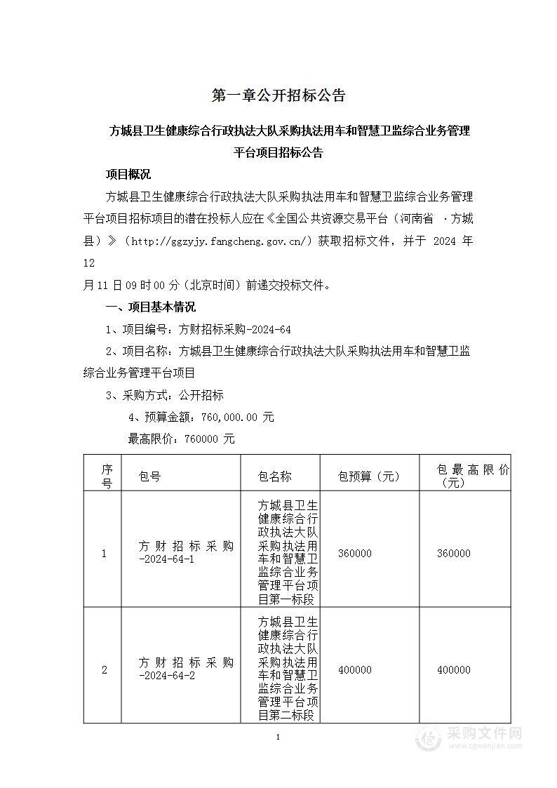 方城县卫生健康综合行政执法大队采购执法用车和智慧卫监综合业务管理平台项目