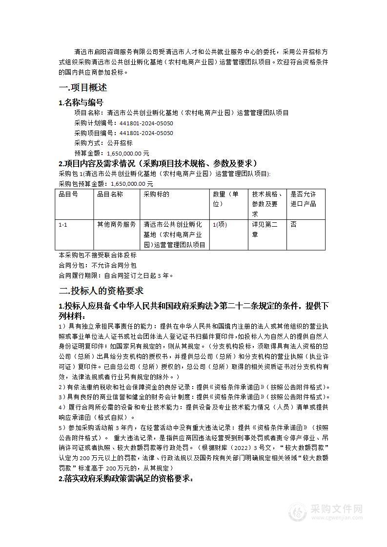 清远市公共创业孵化基地（农村电商产业园）运营管理团队项目