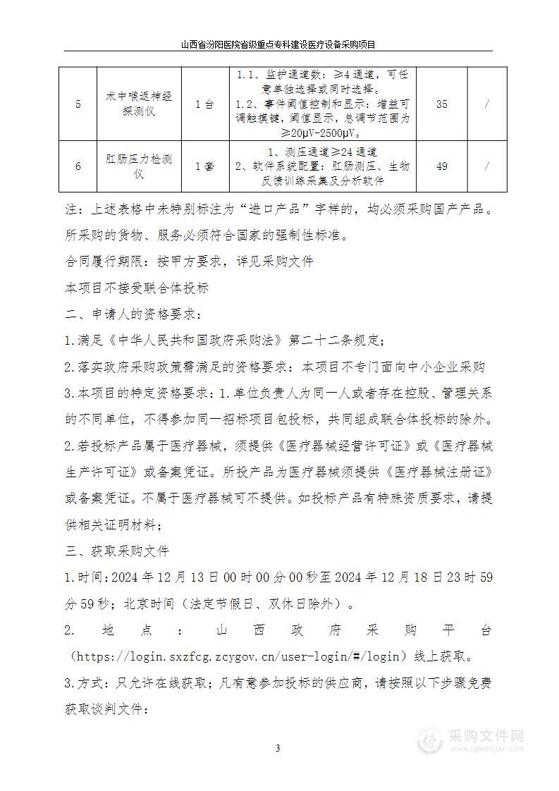 山西省汾阳医院省级重点专科建设医疗设备采购项目