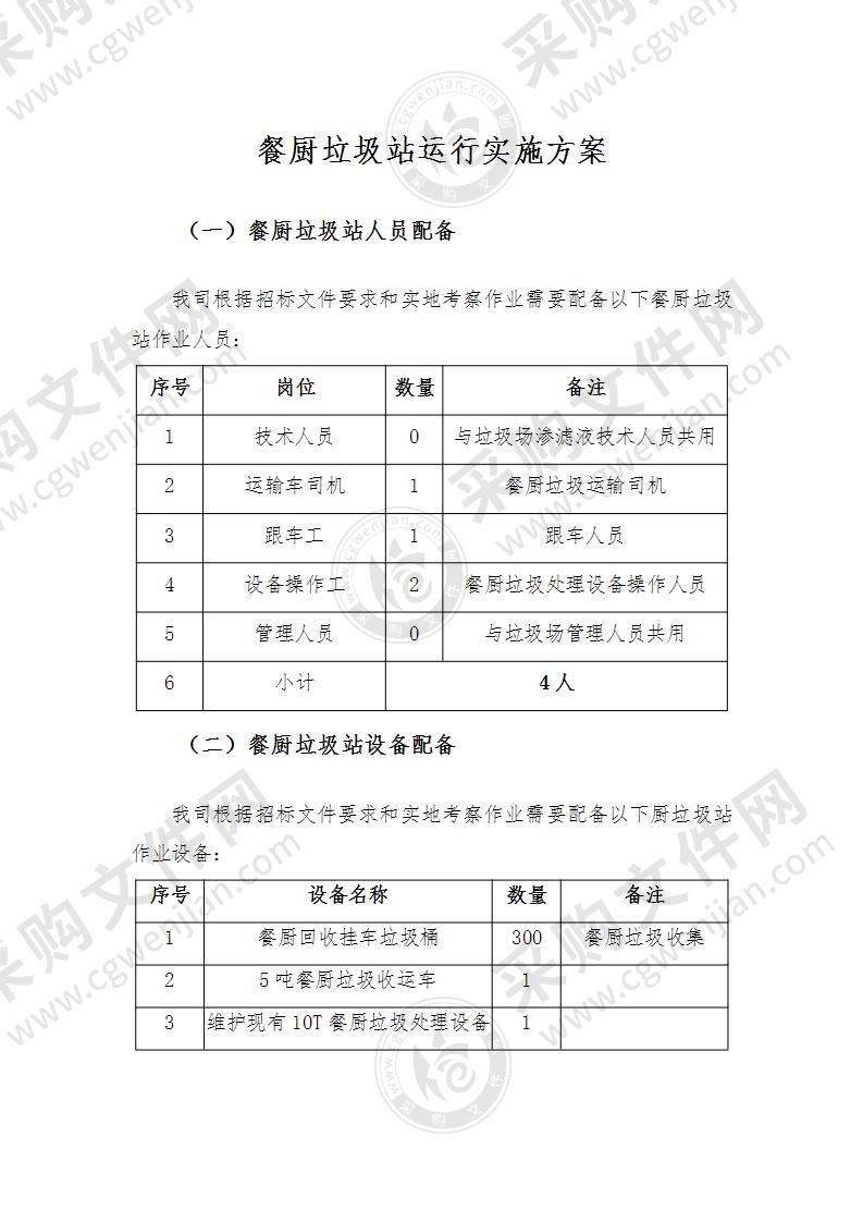 餐厨垃圾站、餐余垃圾收运、处置投标方案