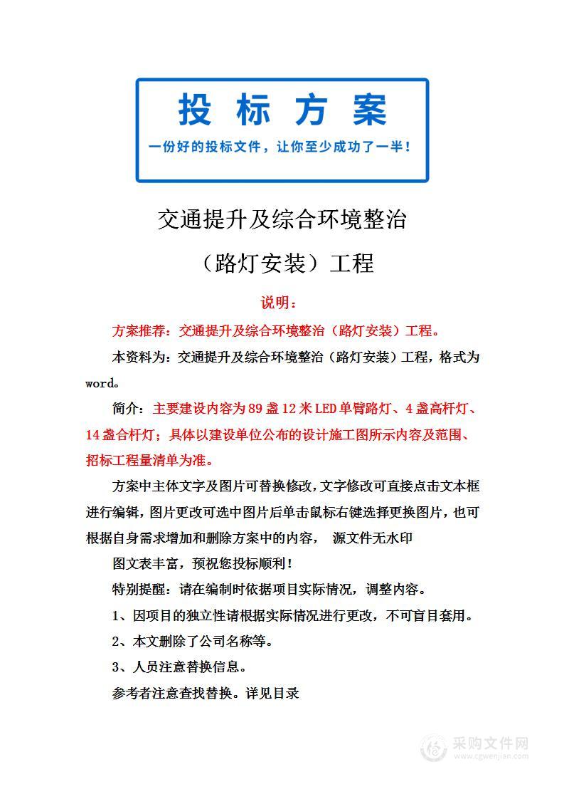 交通提升及综合环境整治（路灯安装）工程投标方案