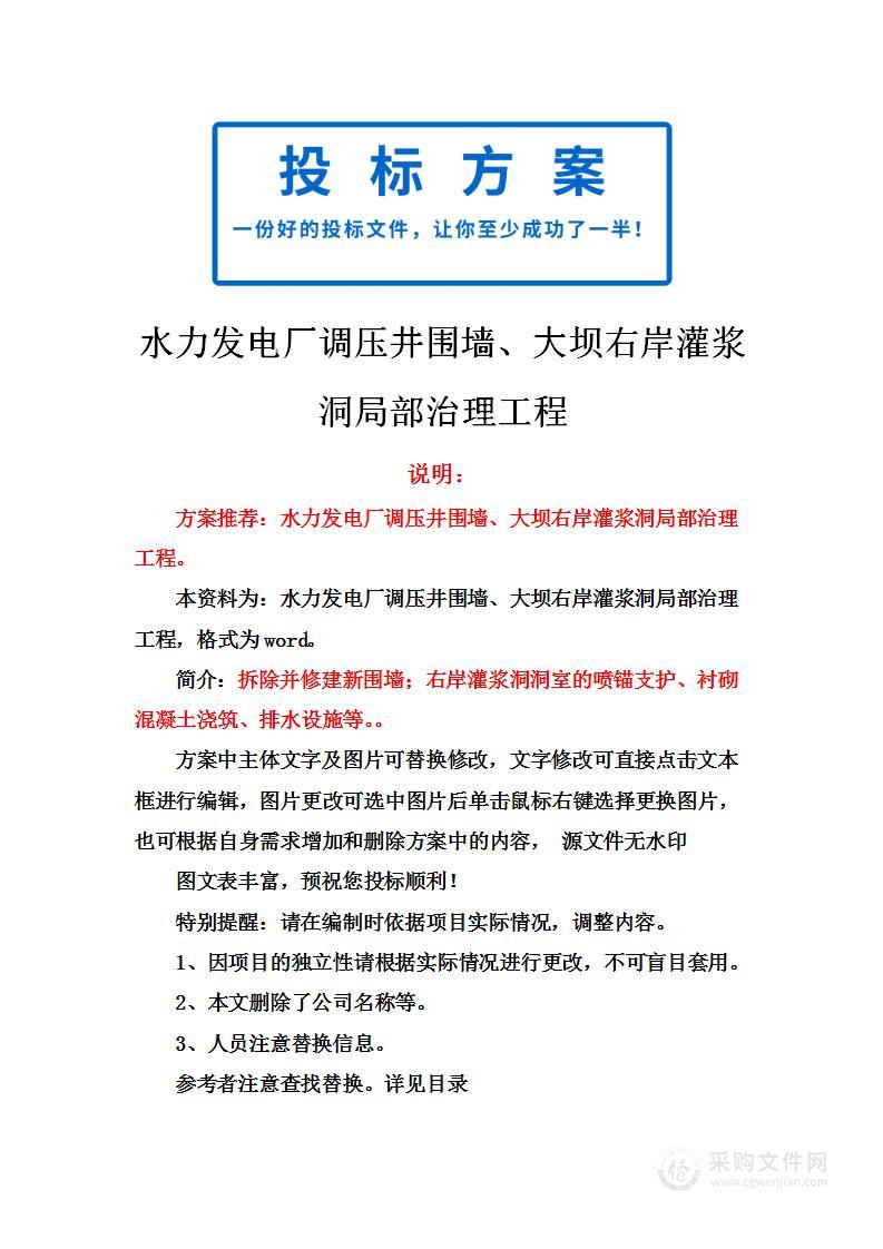 水力发电厂调压井围墙、大坝右岸灌浆洞局部治理工程投标方案