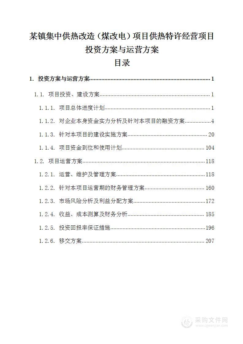 某镇集中供热改造（煤改电）项目供热特许经营项目投资方案与运营方案