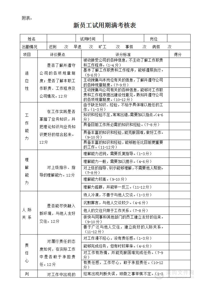 新员工试用期考核表