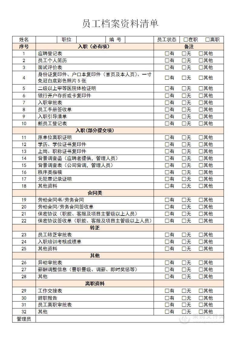 员工档案资料清单